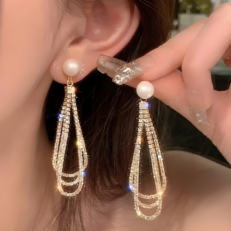 Gouden Kristallen Kwastje met Parel Bengelen Oorbellen - Alta