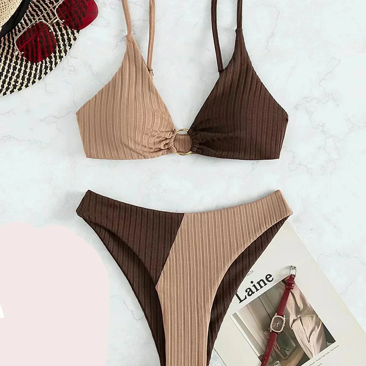 Vrouwen Bikiniset – Push-Up Flattering Top – Hoge Taille Slip – Ribstructuur – Ringdetail