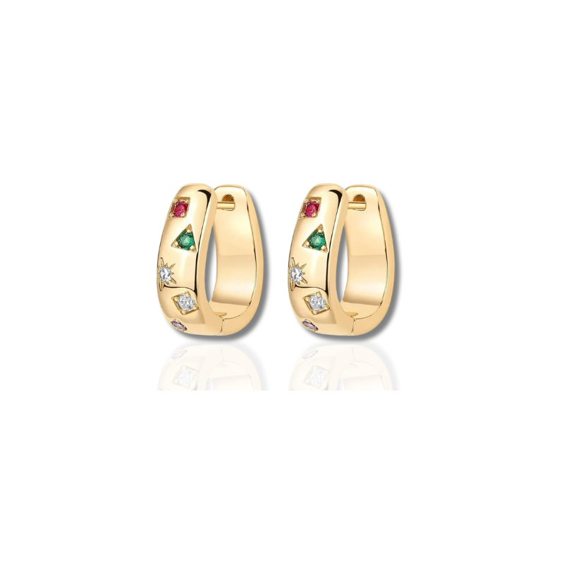 Jade chunky multicolor cubic zirkonia huggie oorbellen voor een opvallende look