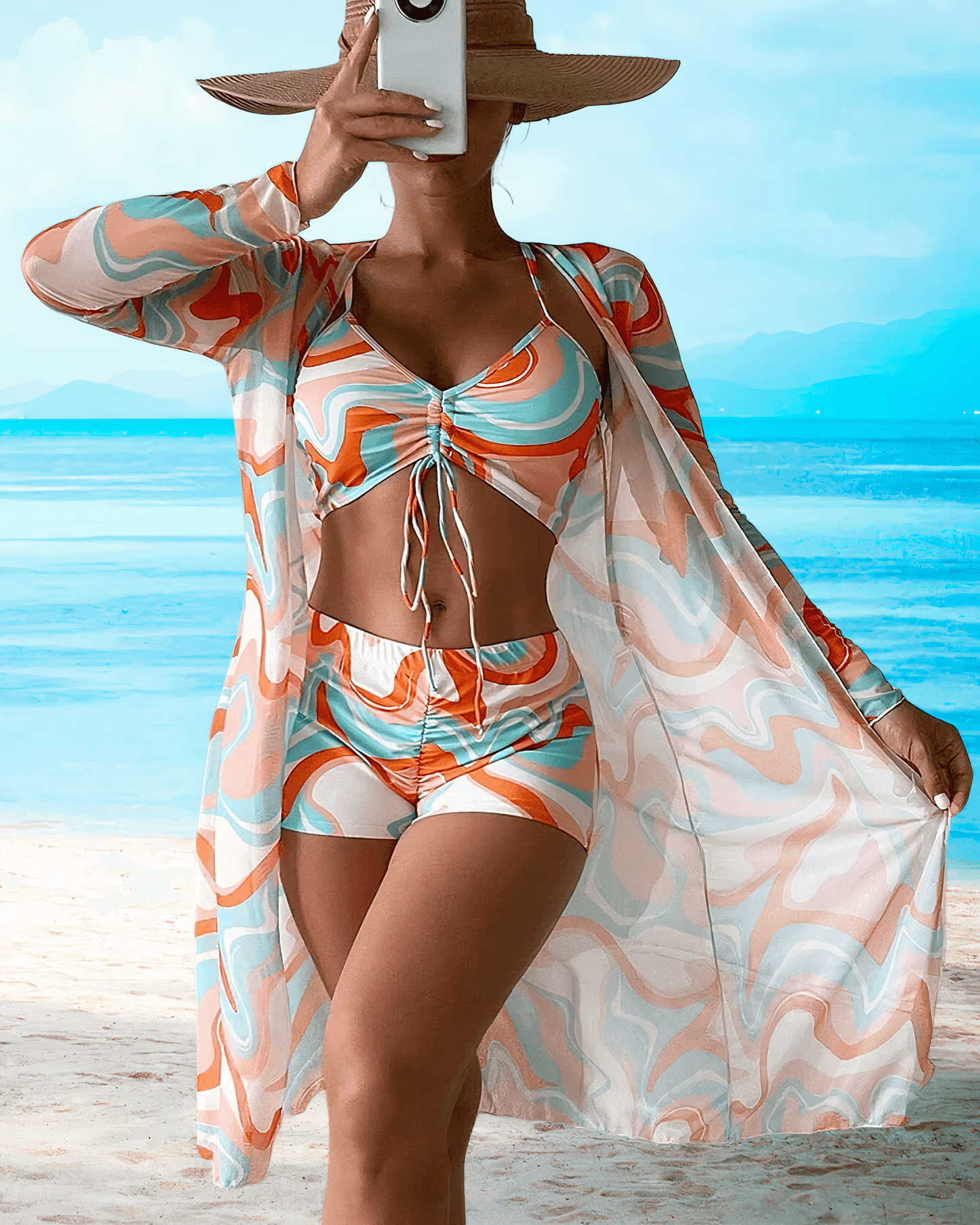 3-delige badpak voor dames - Transparante lange cardigan, getailleerd bikini top en high-waist short